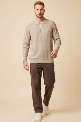 Desenli Polo Yaka Fermuarlı Kazak Bej - Erkek Kazak