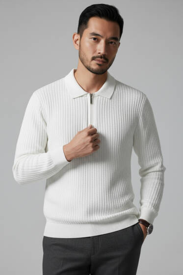 Desenli Polo Yaka Fermuarlı Kazak Ekru - Erkek Kazak