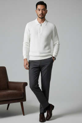 Desenli Polo Yaka Fermuarlı Kazak Ekru - Erkek Kazak