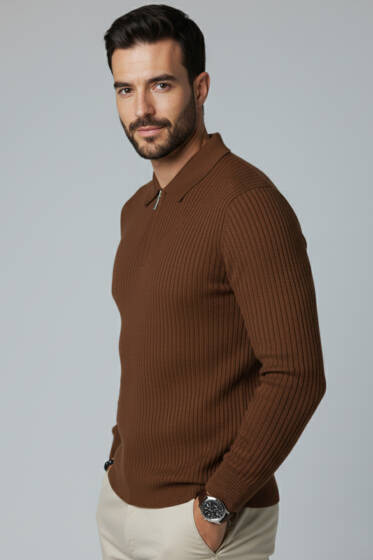 Desenli Polo Yaka Fermuarlı Kazak Kahve - Erkek Kazak