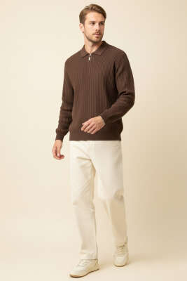 Desenli Polo Yaka Fermuarlı Kazak Kahve - Erkek Kazak