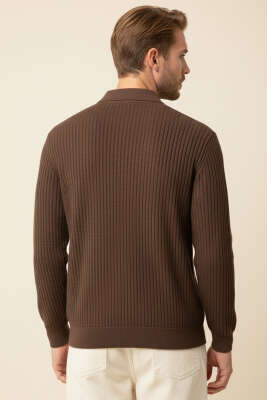 Desenli Polo Yaka Fermuarlı Kazak Kahve - Erkek Kazak