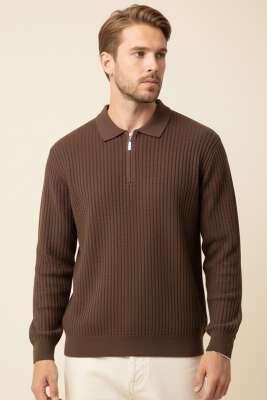 Desenli Polo Yaka Fermuarlı Kazak Kahve 