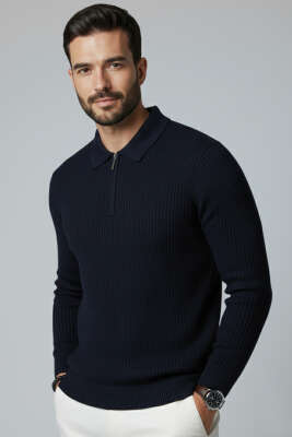 Desenli Polo Yaka Fermuarlı Kazak Lacivert - WİPEOUT