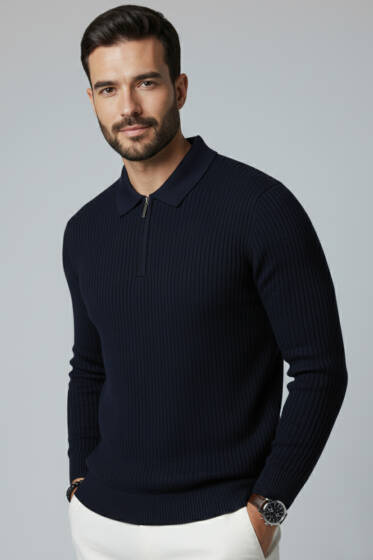 Desenli Polo Yaka Fermuarlı Kazak Lacivert - Erkek Kazak