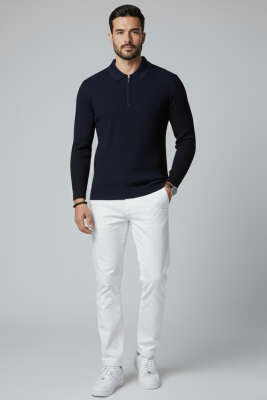 Desenli Polo Yaka Fermuarlı Kazak Lacivert - Erkek Kazak