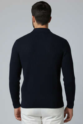 Desenli Polo Yaka Fermuarlı Kazak Lacivert - Erkek Kazak