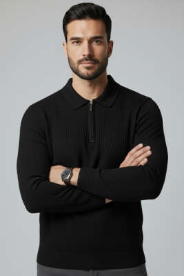 Desenli Polo Yaka Fermuarlı Kazak Siyah - WİPEOUT