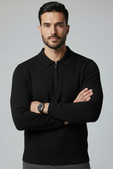 Desenli Polo Yaka Fermuarlı Kazak Siyah - Erkek Kazak