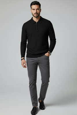 Desenli Polo Yaka Fermuarlı Kazak Siyah - Erkek Kazak