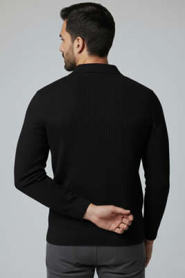 Desenli Polo Yaka Fermuarlı Kazak Siyah - Erkek Kazak