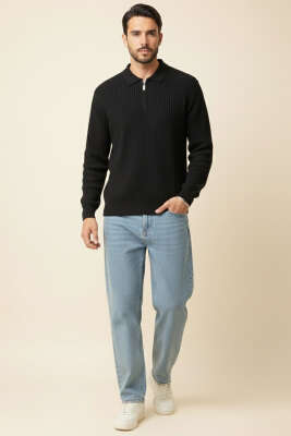 Desenli Polo Yaka Fermuarlı Kazak Siyah - Erkek Kazak