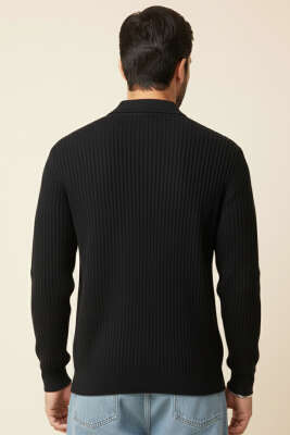 Desenli Polo Yaka Fermuarlı Kazak Siyah - Erkek Kazak