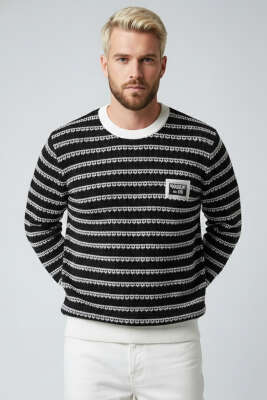 Desenli Polo Yaka Örme Erkek Sweatshirt Ekru 