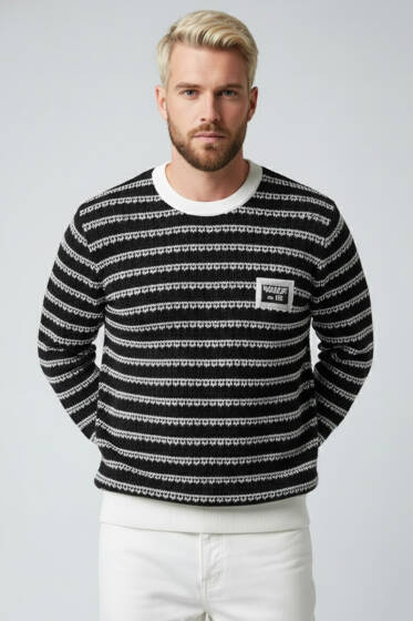 Desenli Polo Yaka Örme Erkek Sweatshirt Ekru - Erkek Sweatshirt