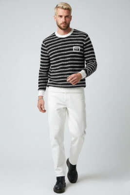 Desenli Polo Yaka Örme Erkek Sweatshirt Ekru - Erkek Sweatshirt