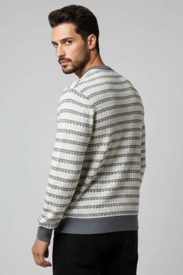 Desenli Polo Yaka Örme Erkek Sweatshirt Gri - Erkek Sweatshirt