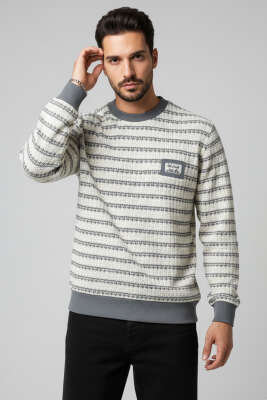 Desenli Polo Yaka Örme Erkek Sweatshirt Gri 