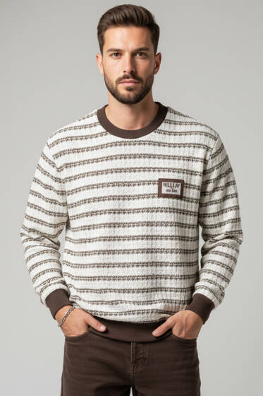 Desenli Polo Yaka Örme Erkek Sweatshirt Kahve - Erkek Sweatshirt