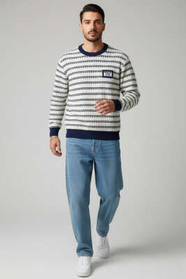 Desenli Polo Yaka Örme Erkek Sweatshirt Lacivert - Erkek Sweatshirt