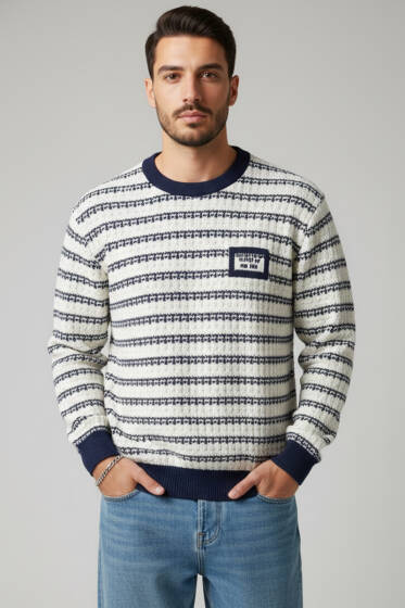 Desenli Polo Yaka Örme Erkek Sweatshirt Lacivert - Erkek Sweatshirt