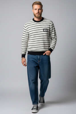 Desenli Polo Yaka Örme Erkek Sweatshirt Siyah - Erkek Sweatshirt