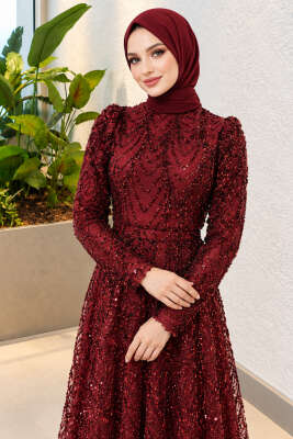 Desenli Pul Nakışlı Abiye Elbise Bordo - Elbise