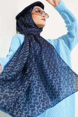 Desenli Ribanalı Demore Şal Lacivert - VERTU (NYD TEKSTİL)