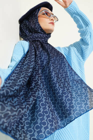 Desenli Ribanalı Demore Şal Lacivert - Başörtüsü