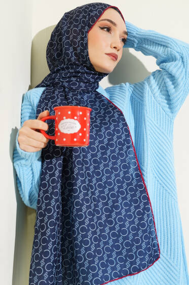Desenli Ribanalı Demore Şal Lacivert Bordo - Başörtüsü