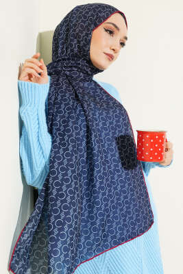 Desenli Ribanalı Demore Şal Lacivert Bordo - Başörtüsü