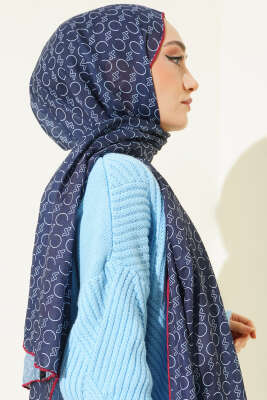 Desenli Ribanalı Demore Şal Lacivert Bordo - Başörtüsü
