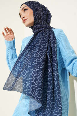 Desenli Ribanalı Demore Şal Lacivert Füme - Başörtüsü