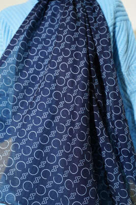 Desenli Ribanalı Demore Şal Lacivert Füme - Başörtüsü