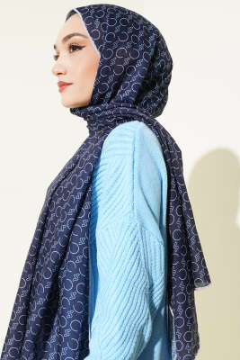 Desenli Ribanalı Demore Şal Lacivert Gri - Başörtüsü