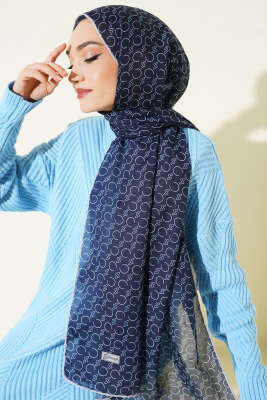 Desenli Ribanalı Demore Şal Lacivert Gri - Günün Seçilenleri