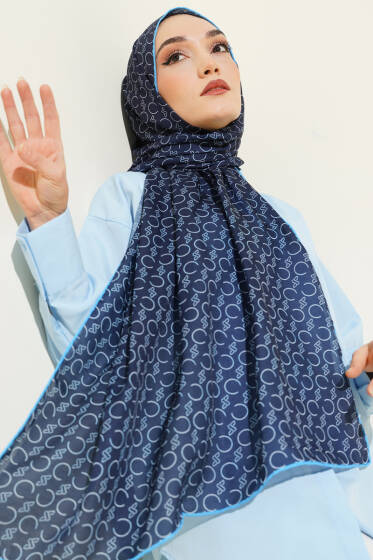 Desenli Ribanalı Demore Şal Lacivert Mavi - Başörtüsü