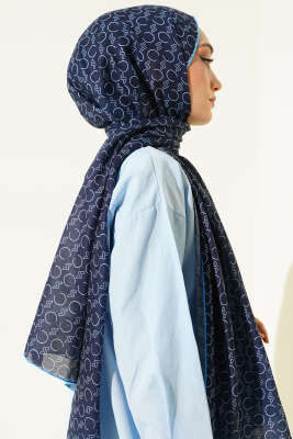 Desenli Ribanalı Demore Şal Lacivert Mavi - Başörtüsü