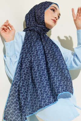 Desenli Ribanalı Demore Şal Lacivert Mavi - Günün Seçilenleri