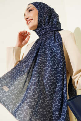 Desenli Ribanalı Demore Şal Lacivert Vizon 
