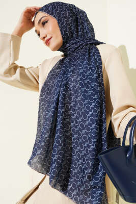 Desenli Ribanalı Demore Şal Lacivert Vizon - Başörtüsü