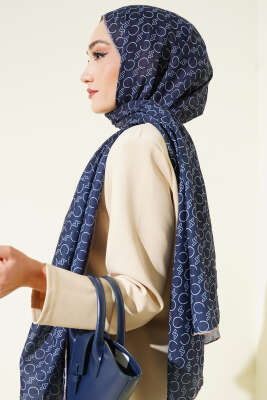 Desenli Ribanalı Demore Şal Lacivert Vizon - Başörtüsü