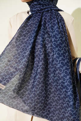 Desenli Ribanalı Demore Şal Lacivert Vizon - Başörtüsü