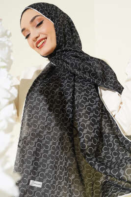 Desenli Ribanalı Demore Şal Siyah Beyaz 