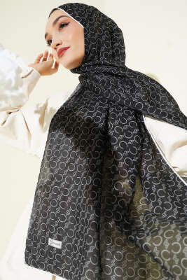Desenli Ribanalı Demore Şal Siyah Beyaz - Başörtüsü