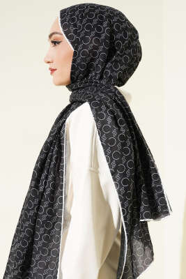 Desenli Ribanalı Demore Şal Siyah Beyaz - Başörtüsü