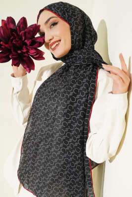 Desenli Ribanalı Demore Şal Siyah Bordo - Başörtüsü
