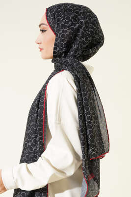 Desenli Ribanalı Demore Şal Siyah Bordo - Başörtüsü