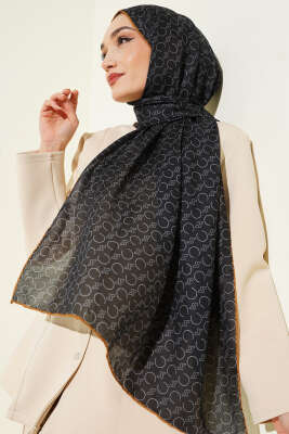 Desenli Ribanalı Demore Şal Siyah Camel - Başörtüsü