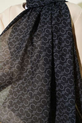 Desenli Ribanalı Demore Şal Siyah Camel - Başörtüsü